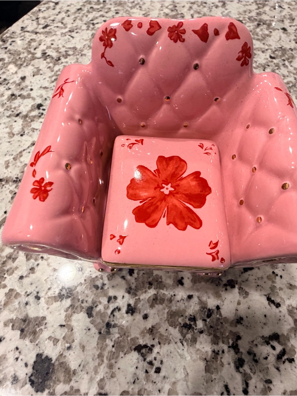 Urban Outfitters Pink Ceramic Chair Jewelry Dish with Red Floral Accents